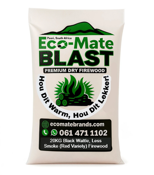 Bag of Eco-Mate Blast premium dry firewood with branding and contact information.